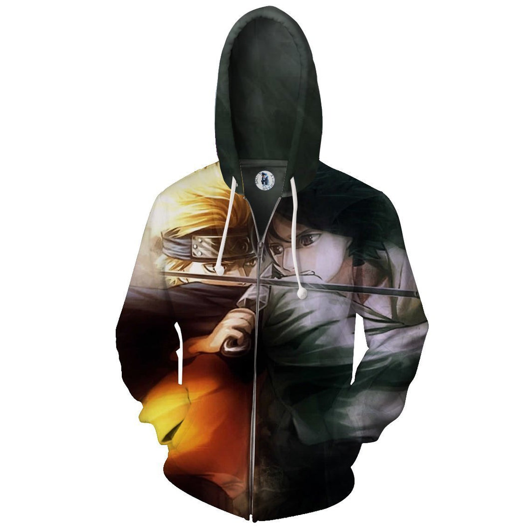 Naruto Hoodie - Naruto & Sasuke 3D Hoodie - Zip Up Jacket
