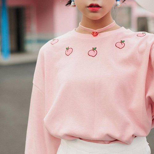 Hoodies Long Sleeve Cotton Boyfriend Style Hoodie Harajuku Peach Embroidered Sweatershirt #A022