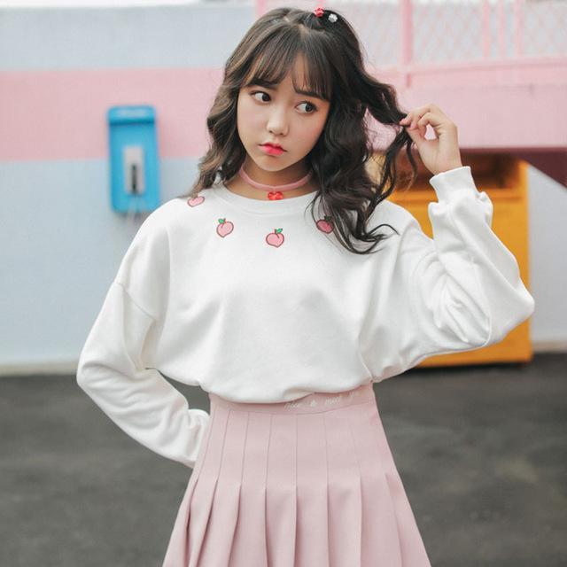 Hoodies Long Sleeve Cotton Boyfriend Style Hoodie Harajuku Peach Embroidered Sweatershirt #A022